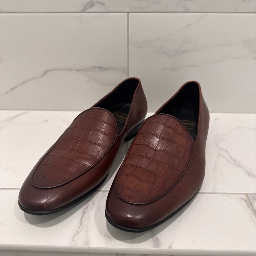 GIFENNSE Hand Made Loafers Mens 7.5 Brown Leather Croc Embossed Dress Shoes